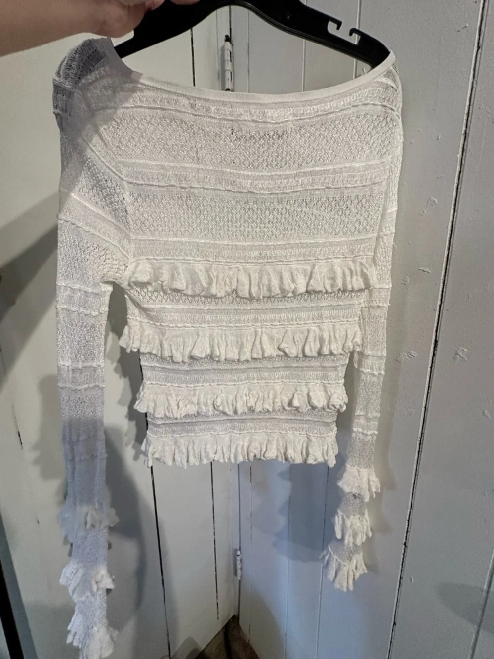 Anthropologie Women’s White Ruffle Knit Long-Sleeve thin Sweater Top